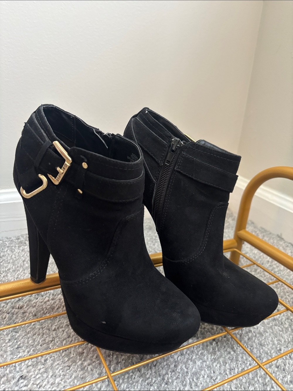 G by Guess Black Suede Ankle Booties with Gold Buckle